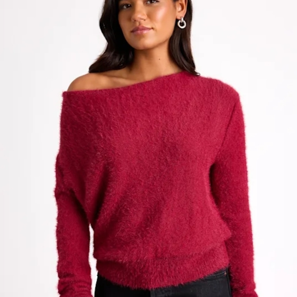 Lulus Care For You Berry Red Eyelash Knit Cowl Neck Reversible Sweater Size Lg